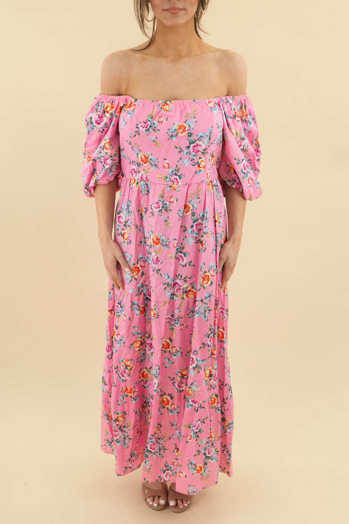 buddy love hot pink floral puff sleeve midi dress (s; retail $164)