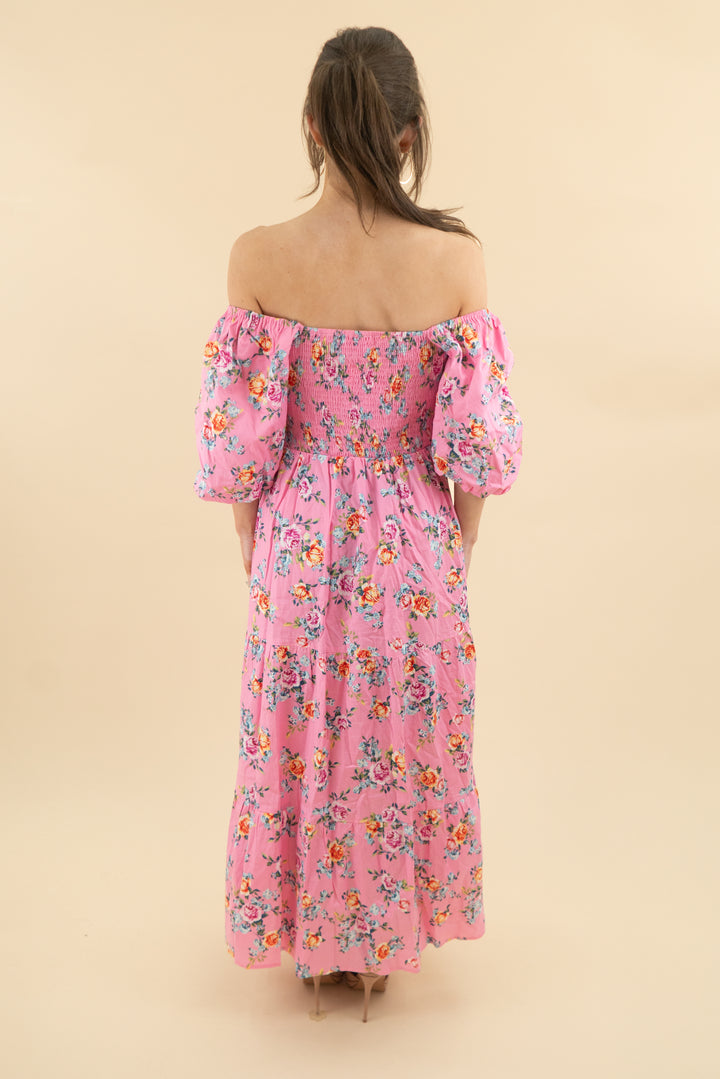 buddy love hot pink floral puff sleeve midi dress (s; retail $164)