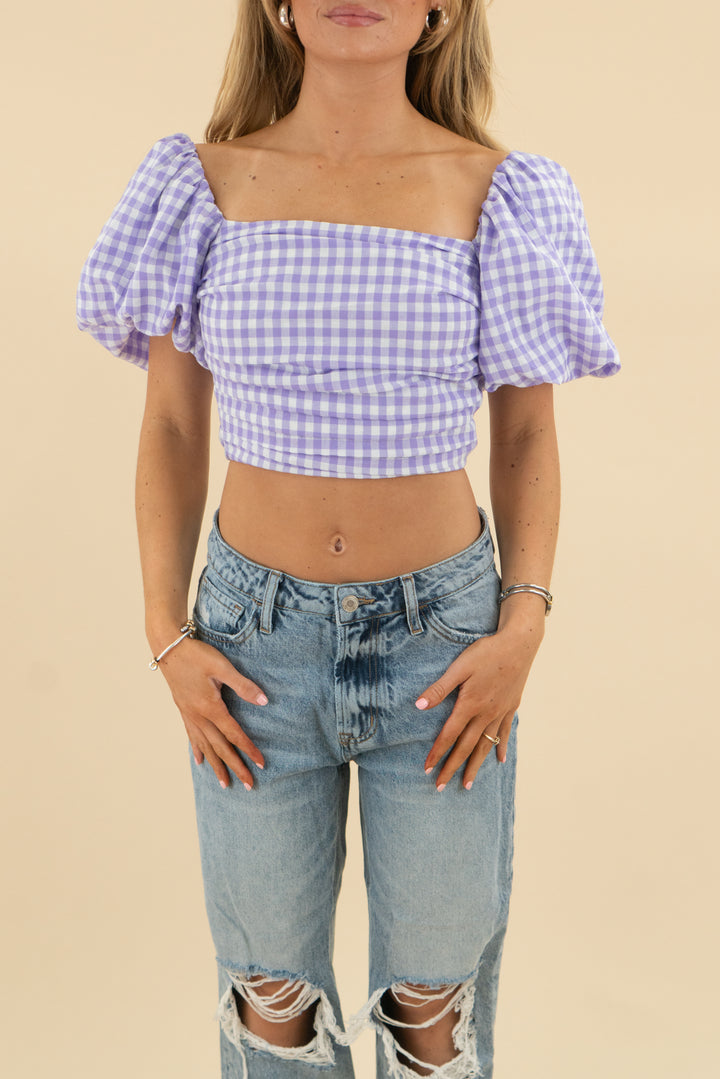 mimosa purple gingham puff sleeve crop top nwt (s; retail $41)