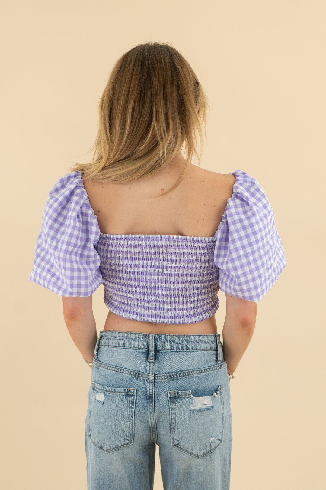 mimosa purple gingham puff sleeve crop top nwt (s; retail $41)