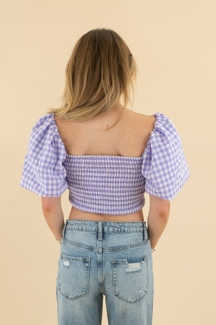 mimosa purple gingham puff sleeve crop top nwt (s; retail $41)