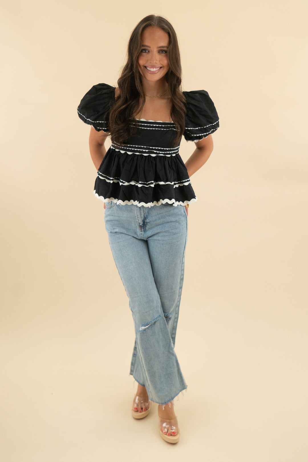 sofie the label black white detailing puff sleeve top (m; $75)