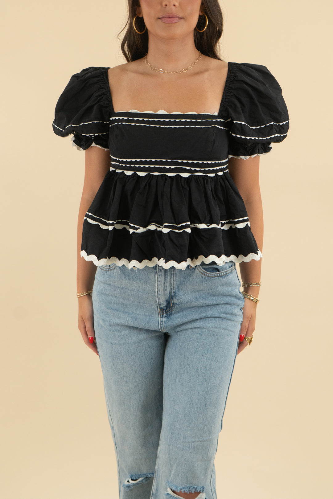 sofie the label black white detailing puff sleeve top (m; $75)