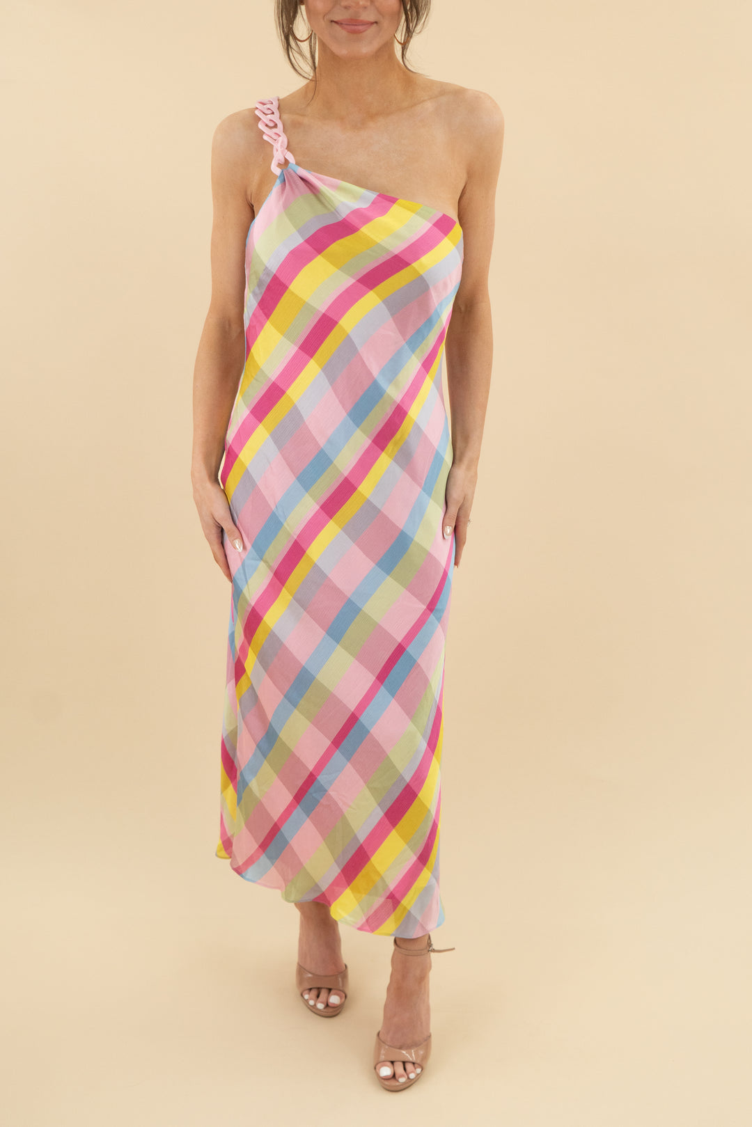 gianni bini x jess southern colorful large stripe chain one shoulder midi dress nwt (4; retail $198))