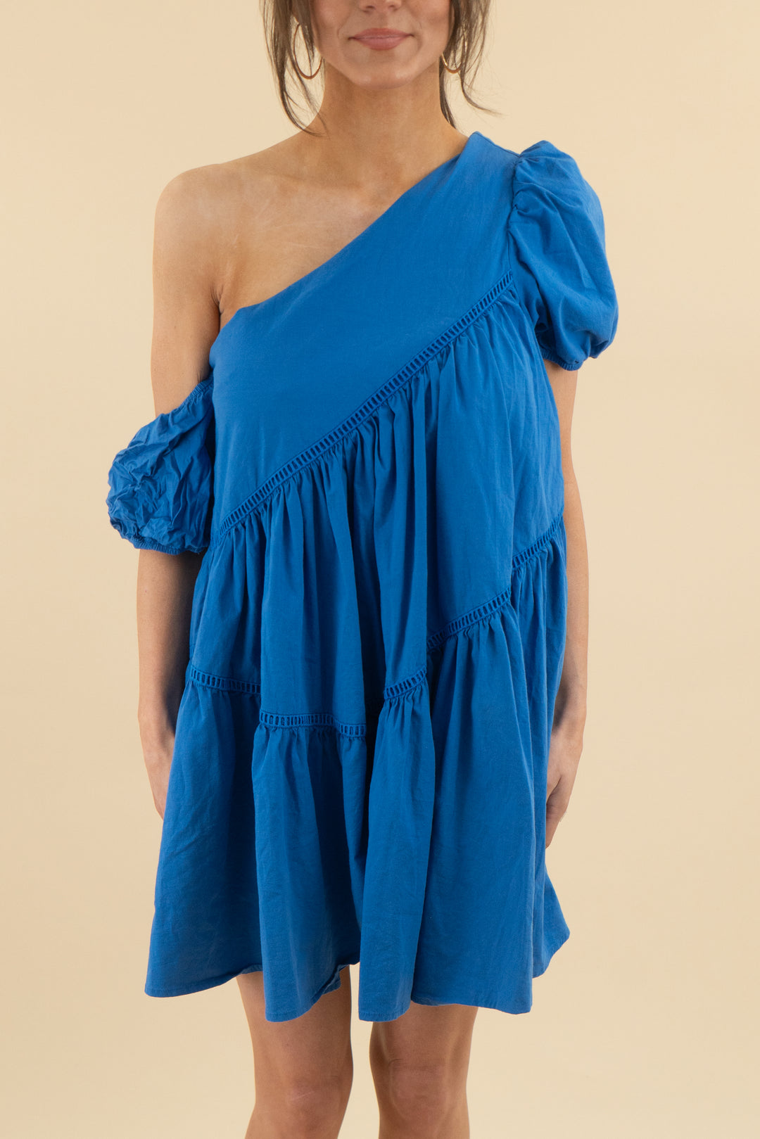 fanco royal blue asymmetrical flowy dress (s; retail $79)
