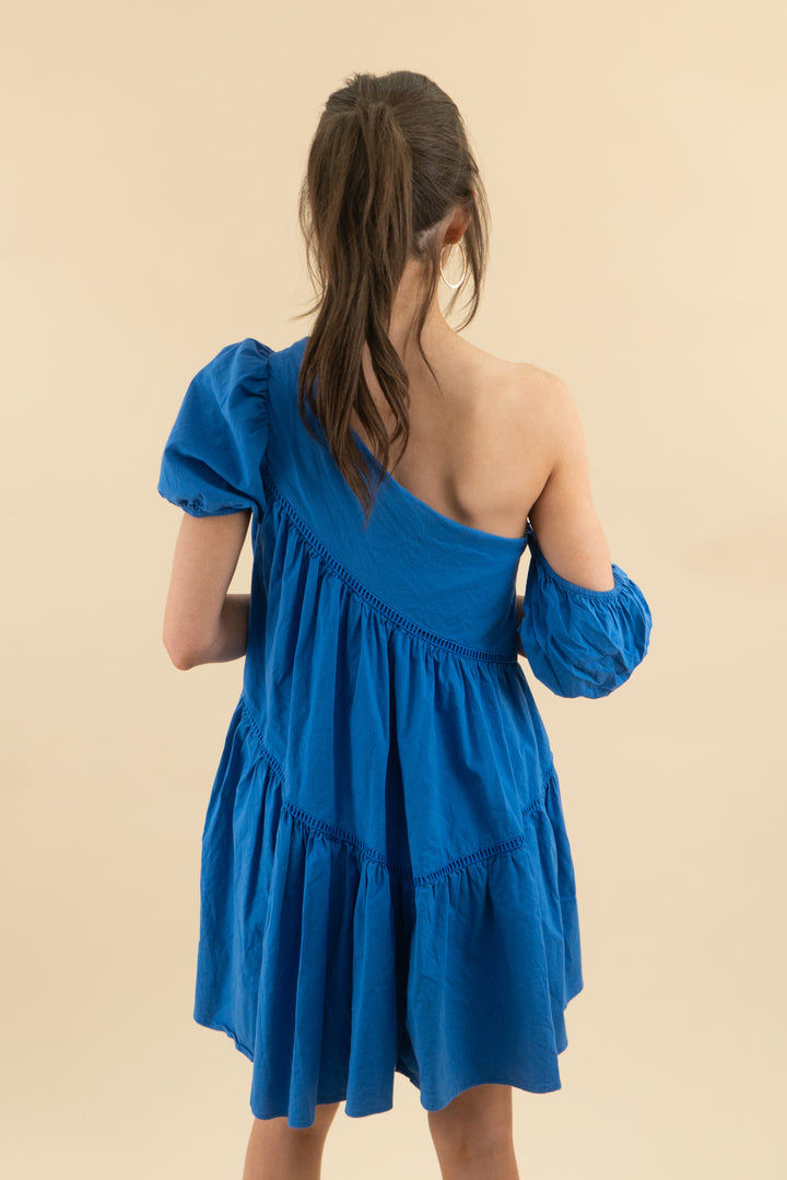 fanco royal blue asymmetrical flowy dress (s; retail $79)