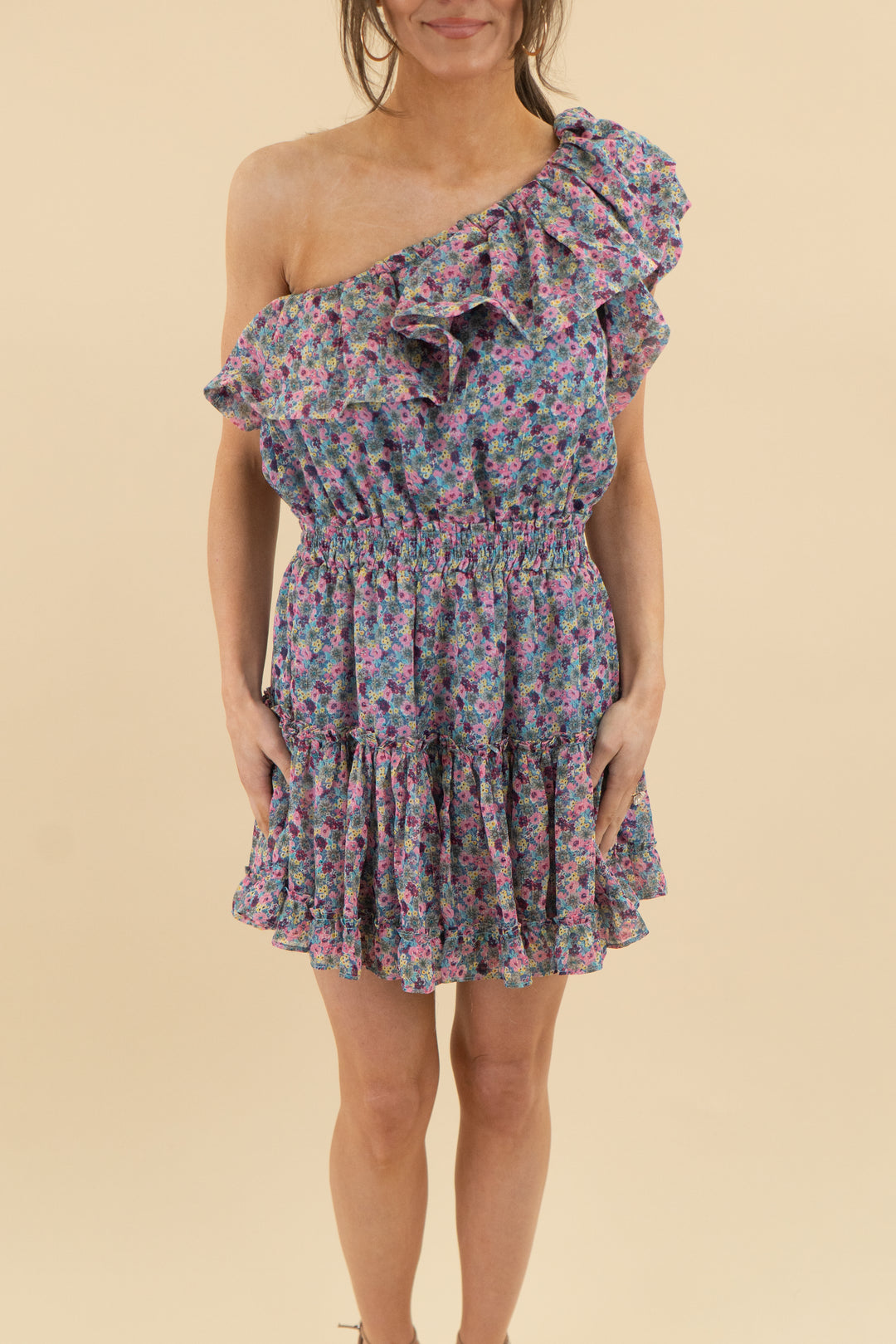 buddy love colorful floral one shoulder ruffle mini dress (s; retail $112)