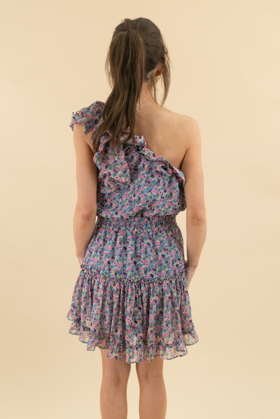 buddy love colorful floral one shoulder ruffle mini dress (s; retail $112)