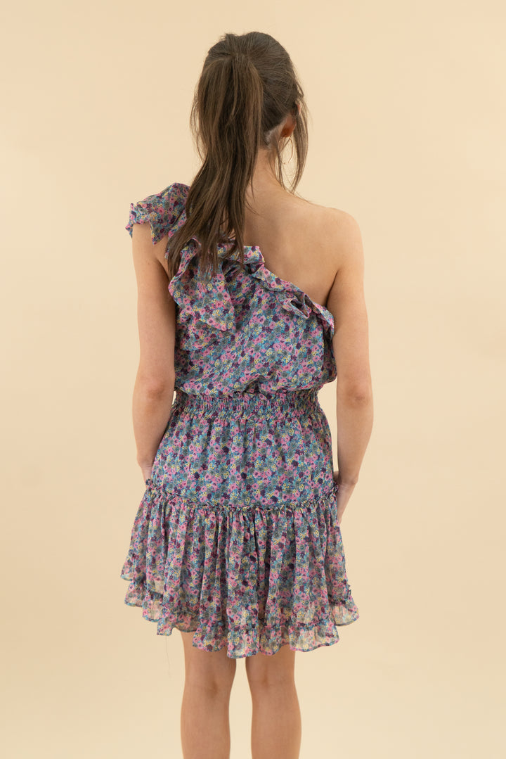 buddy love colorful floral one shoulder ruffle mini dress (s; retail $112)