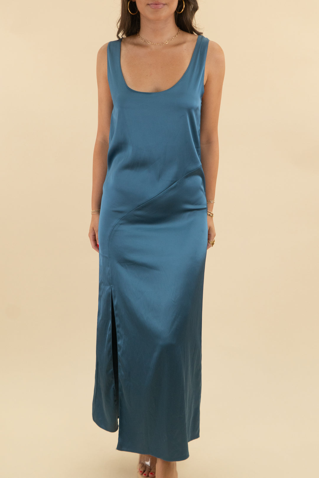 zara dusty blue satin dress (s; retail $64)