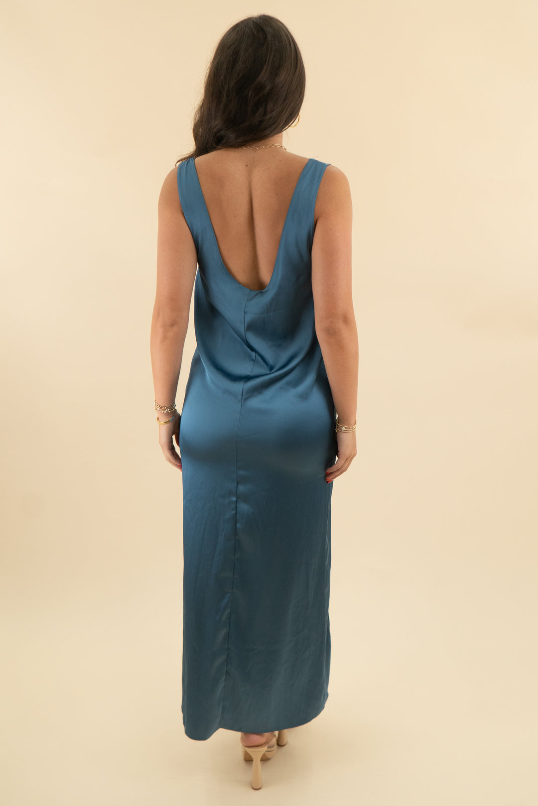 zara dusty blue satin dress (s; retail $64)