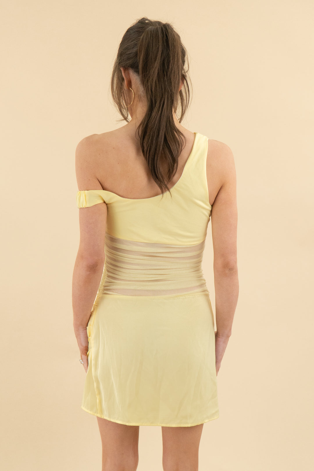 showpo butter yellow cowl neck mesh draped mini dress (2; retail $83)