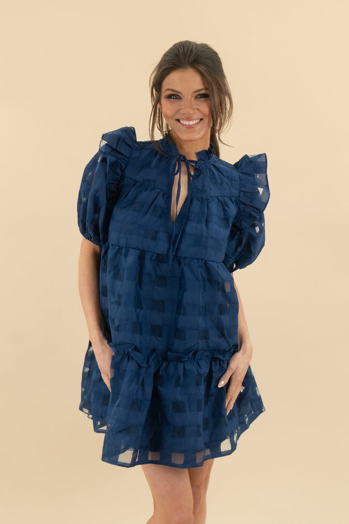 buddy love navy plaid tulle short sleeve mini dress nwt (xs; retail $198)