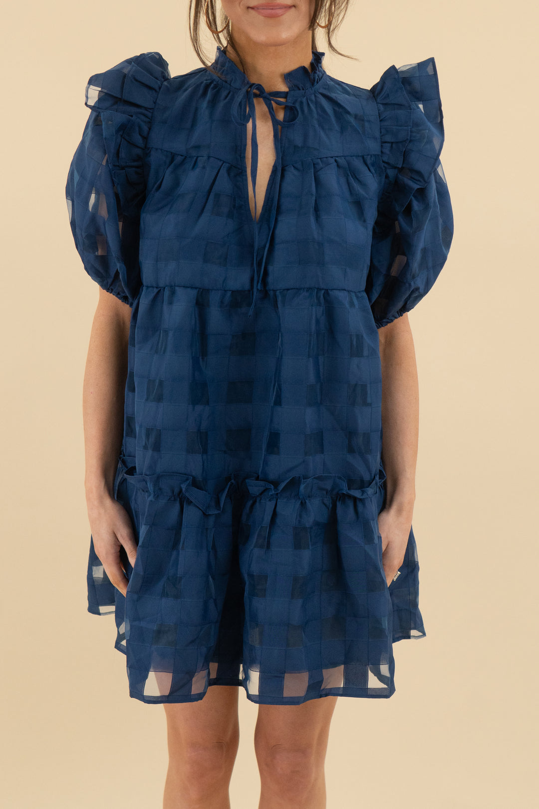buddy love navy plaid tulle short sleeve mini dress nwt (xs; retail $198)