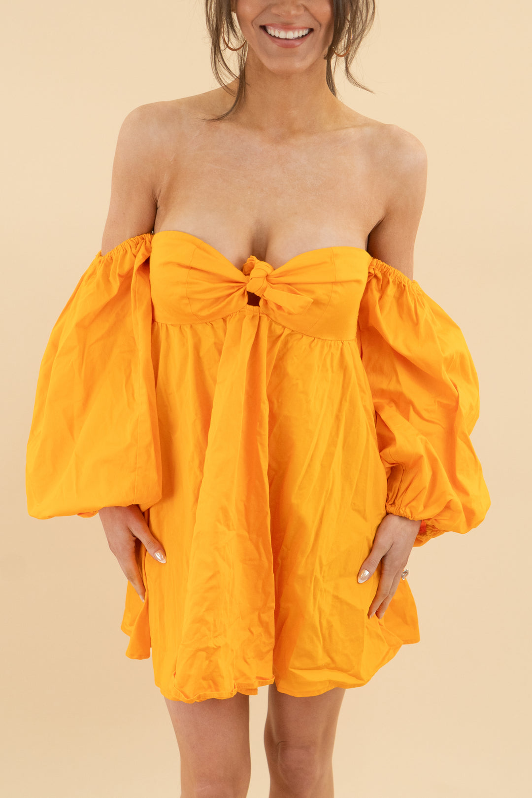 for love and lemons orange puff long sleeve mini dress (m; retail $230)