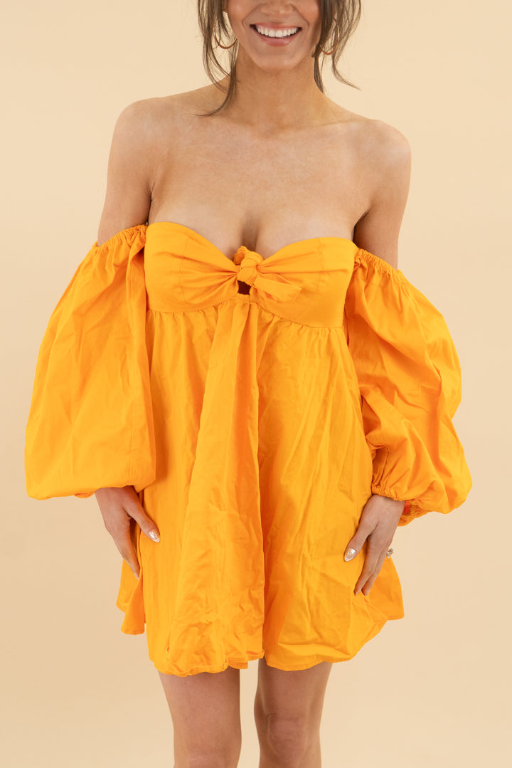 for love and lemons orange puff long sleeve mini dress (m; retail $230)