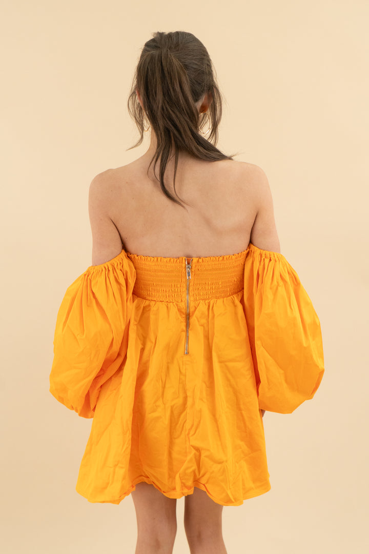 for love and lemons orange puff long sleeve mini dress (m; retail $230)