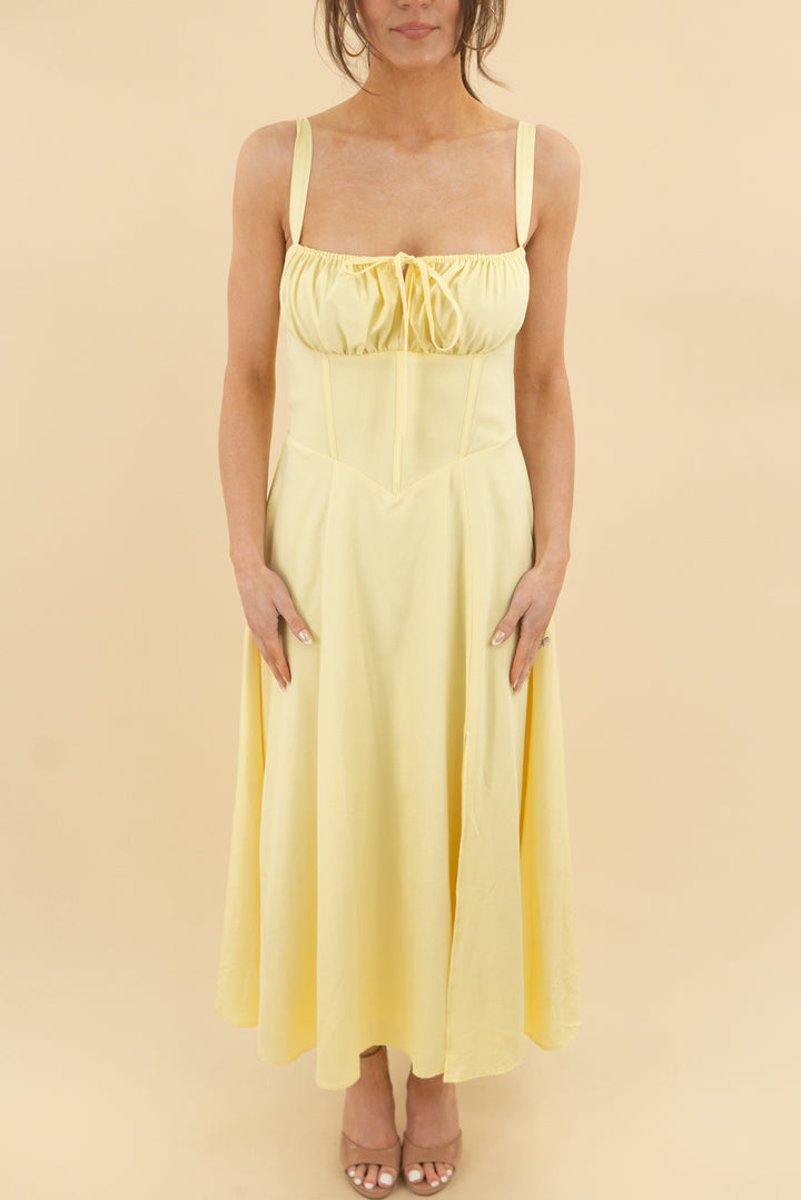 glnege butter yellow corset midi dress nwt (s; retail $69)