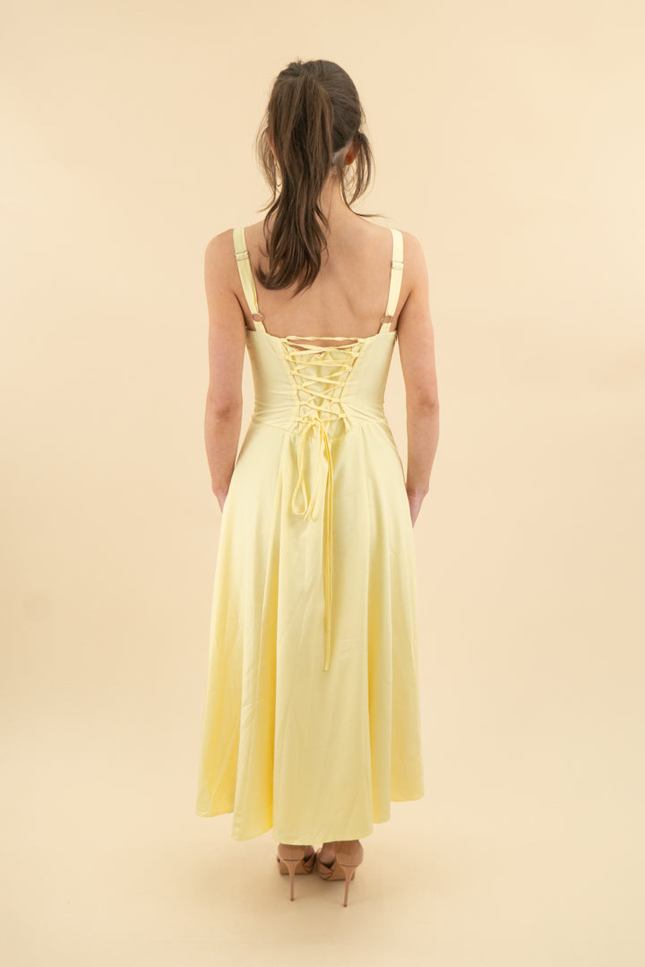 glnege butter yellow corset midi dress nwt (s; retail $69)
