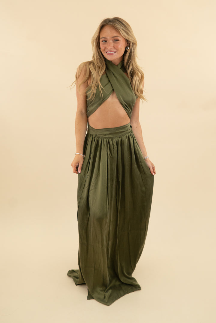 sisters the label dark green silk wrap maxi skirt & tie top set (xs; retail $539)