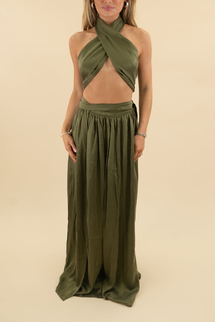 sisters the label dark green silk wrap maxi skirt & tie top set (xs; retail $539)