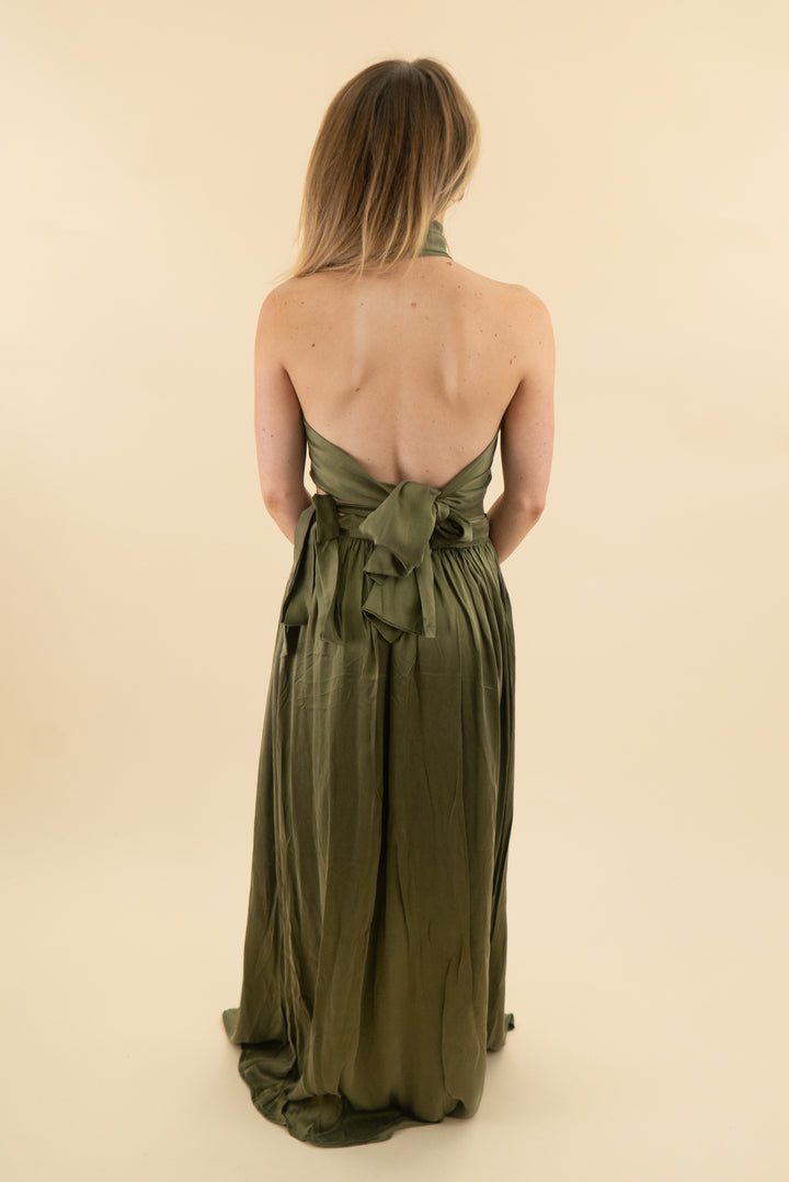 sisters the label dark green silk wrap maxi skirt & tie top set (xs; retail $539)