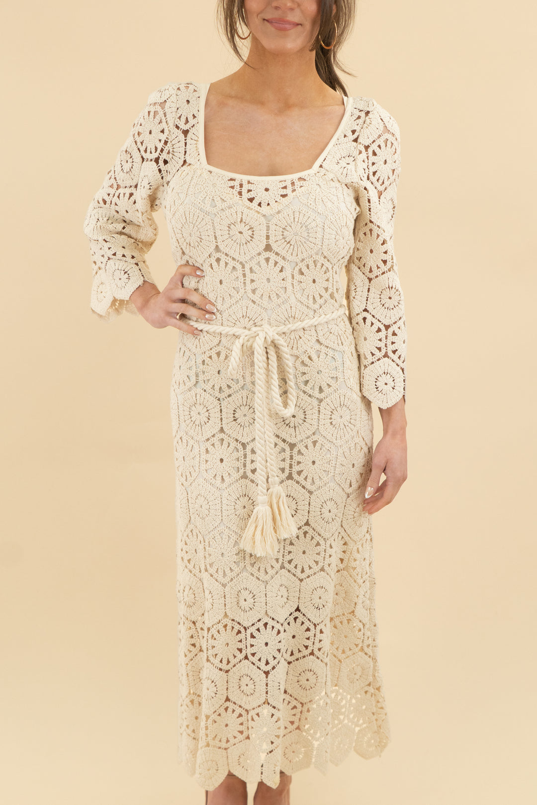 we are kindred cream crochet midi dress nwt (4; retail $399)