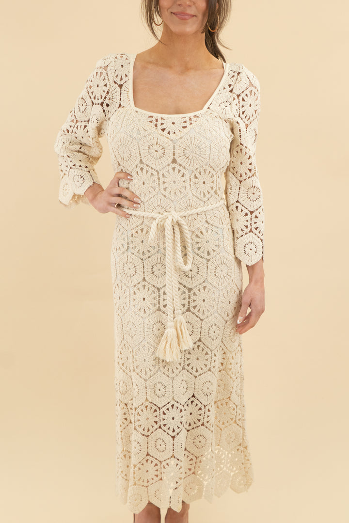 we are kindred cream crochet midi dress nwt (4; retail $399)