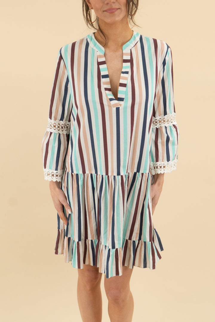 shoshanna swimwear cream colorful striped quarter sleeve flowy mini dress (m; retail $365)