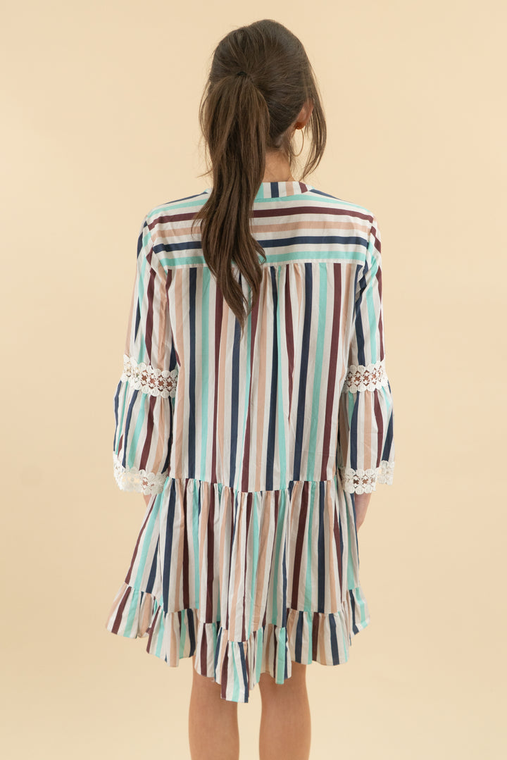 shoshanna swimwear cream colorful striped quarter sleeve flowy mini dress (m; retail $365)