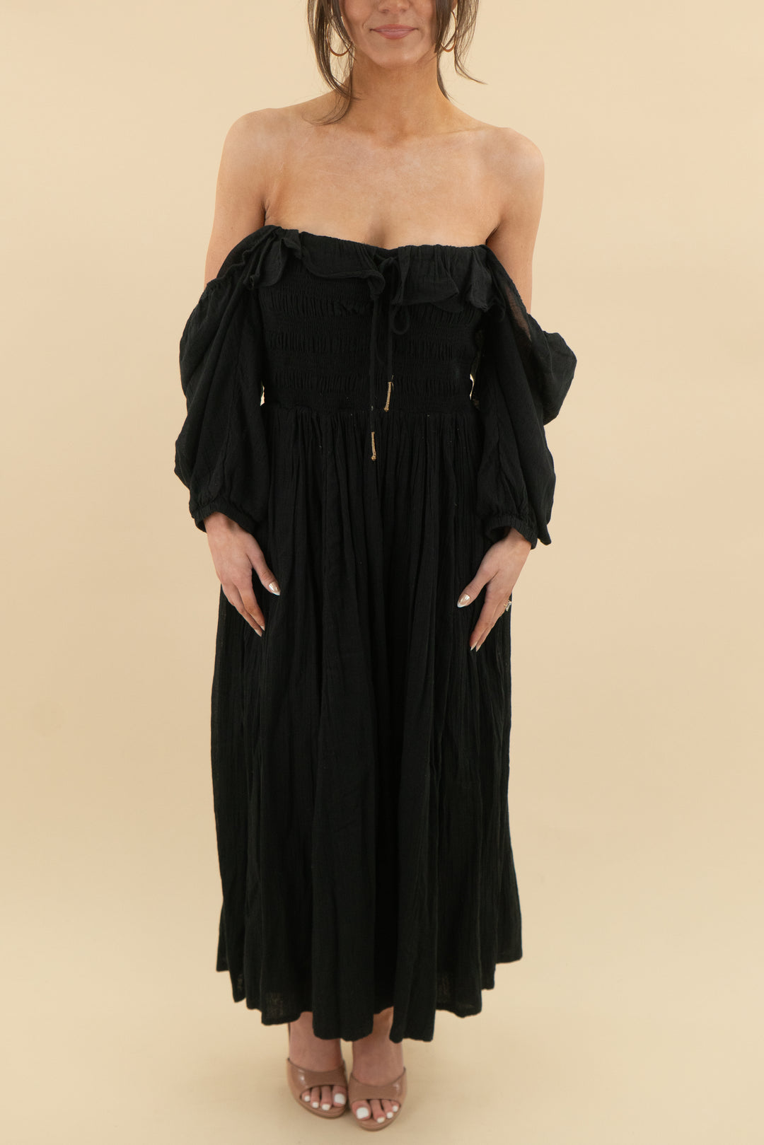 free people black long sleeve flowy midi dress (s; retail $148)