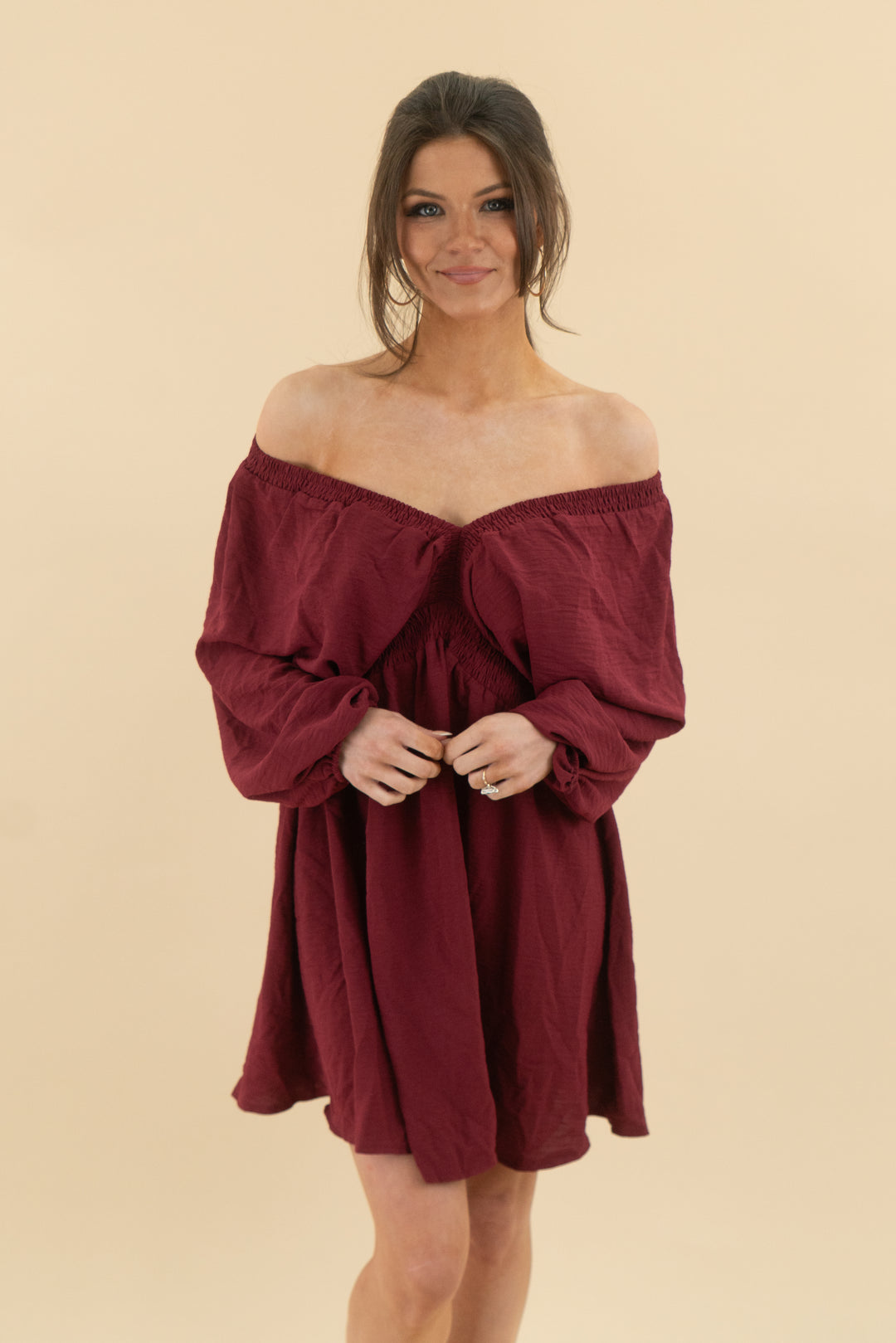 maroon long sleeve flowy v-neck mini dress (s; retail $48)