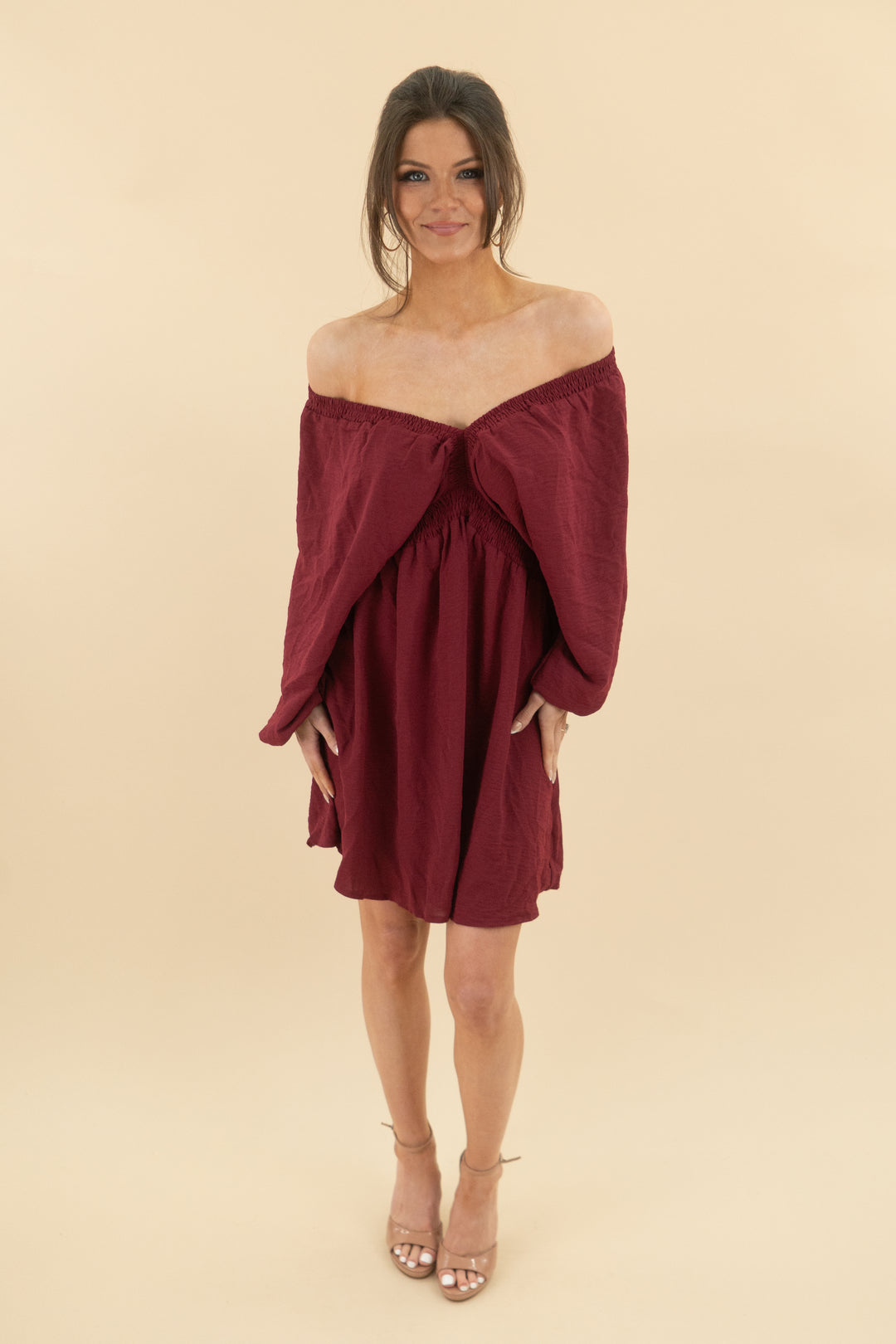 maroon long sleeve flowy v-neck mini dress (s; retail $48)