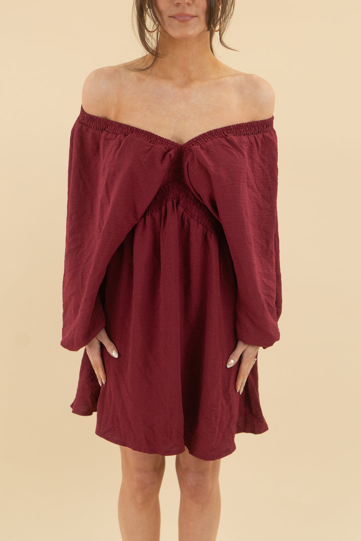maroon long sleeve flowy v-neck mini dress (s; retail $48)
