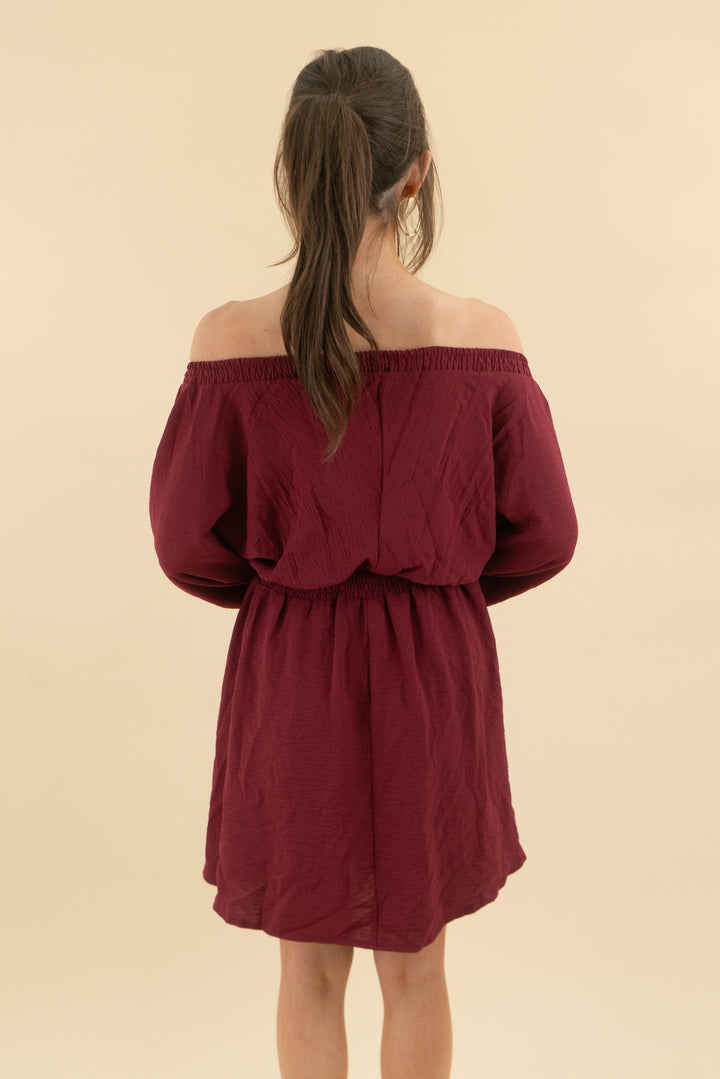 maroon long sleeve flowy v-neck mini dress (s; retail $48)