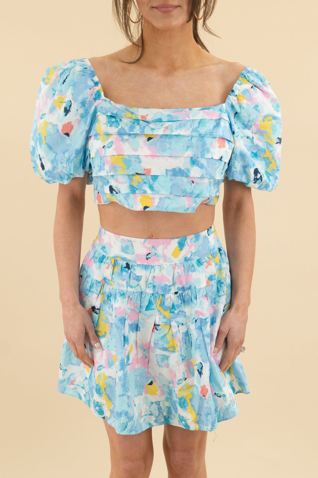 buddy love blue watercolor floral puff sleeve top/skirt set nwt (s; retail $74)