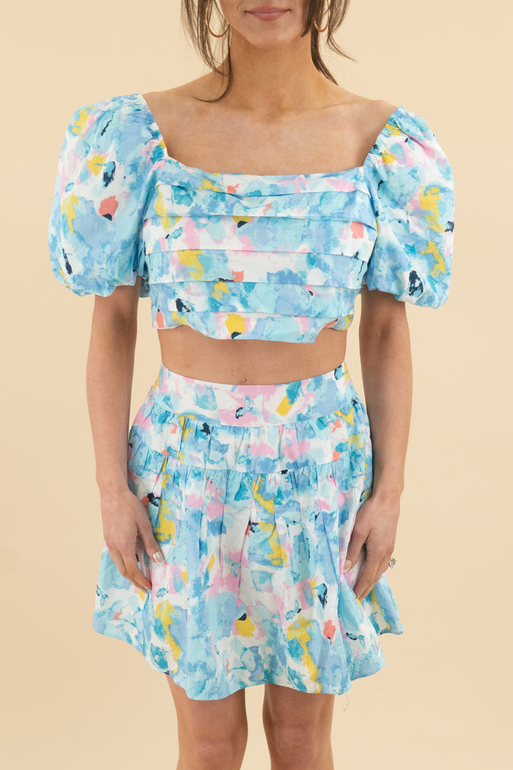 buddy love blue watercolor floral puff sleeve top/skirt set nwt (s; retail $74)