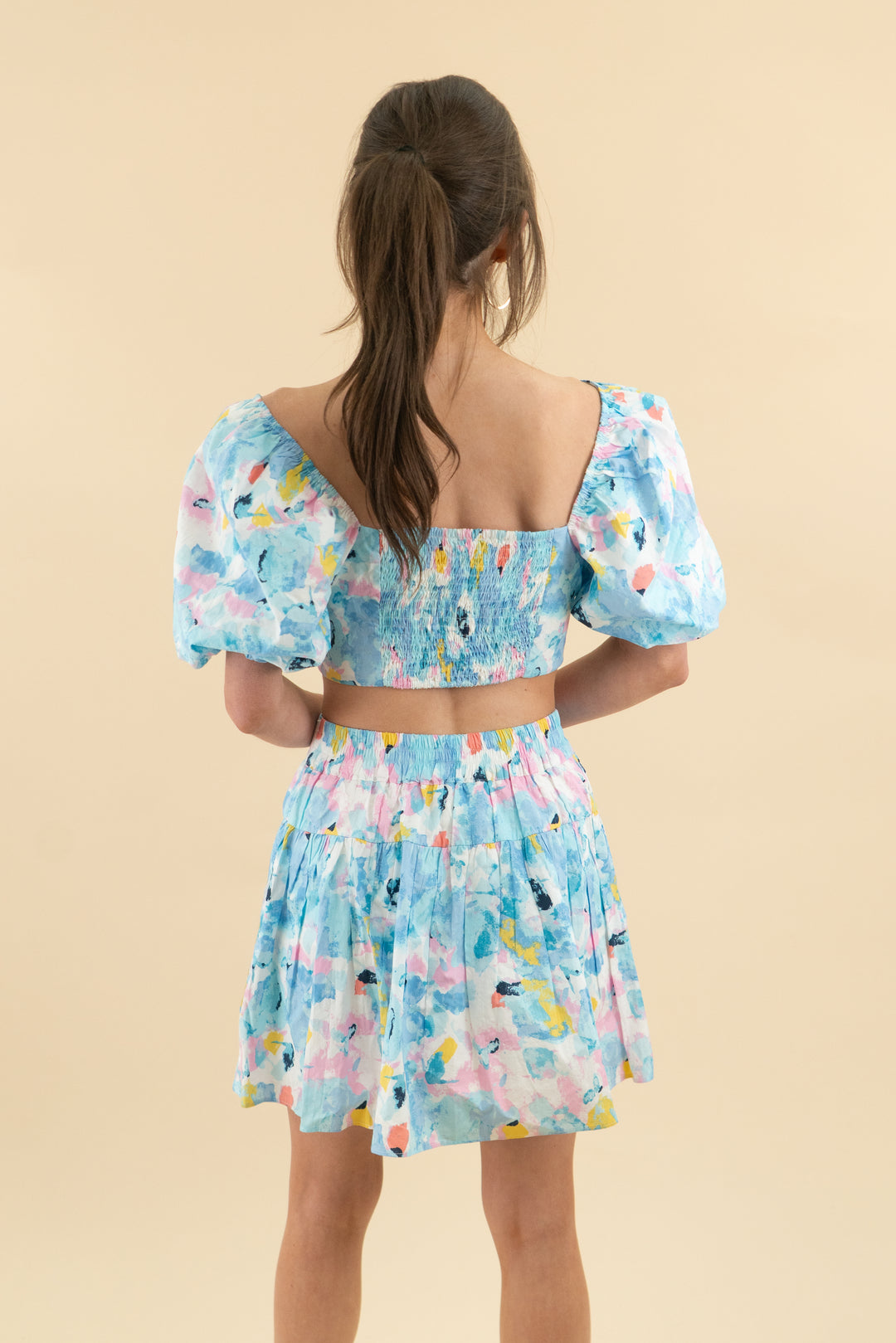 buddy love blue watercolor floral puff sleeve top/skirt set nwt (s; retail $74)