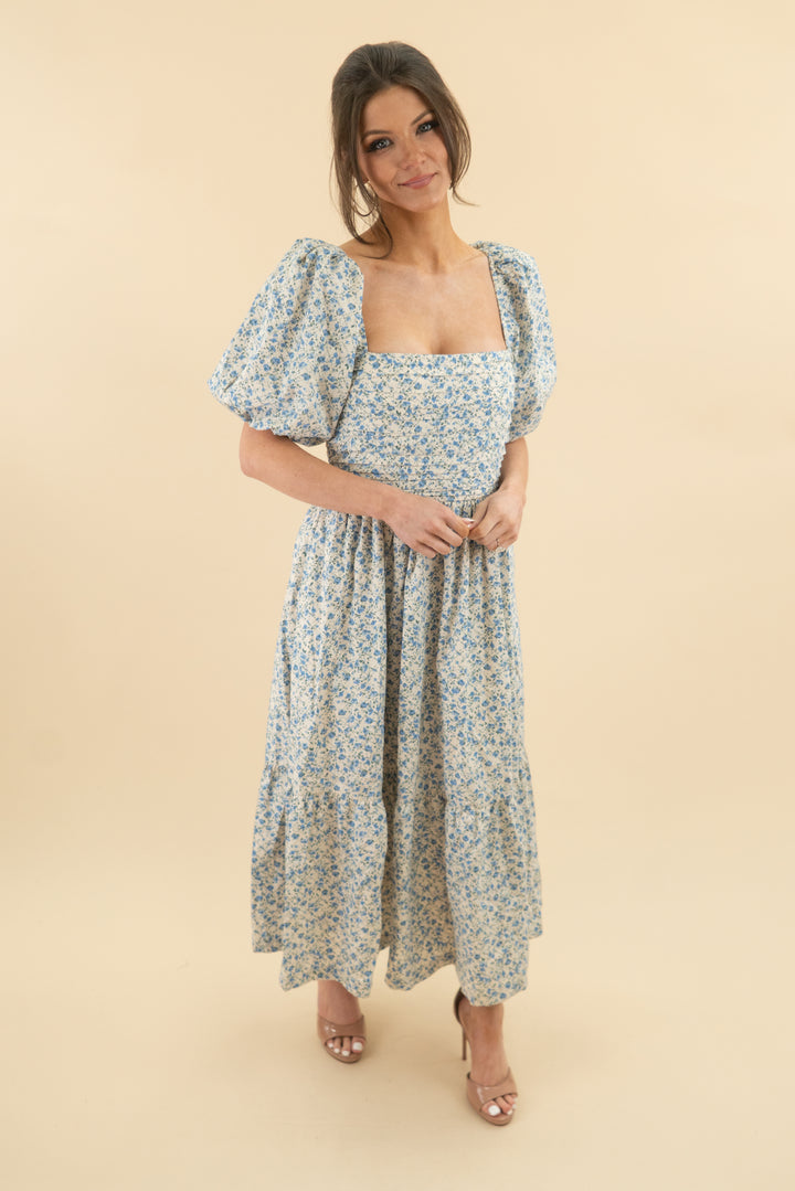 Abercrombie & Fitch Blue & Green & White Mini Floral Puff Sleeve Midi Dress (s; retail $130)