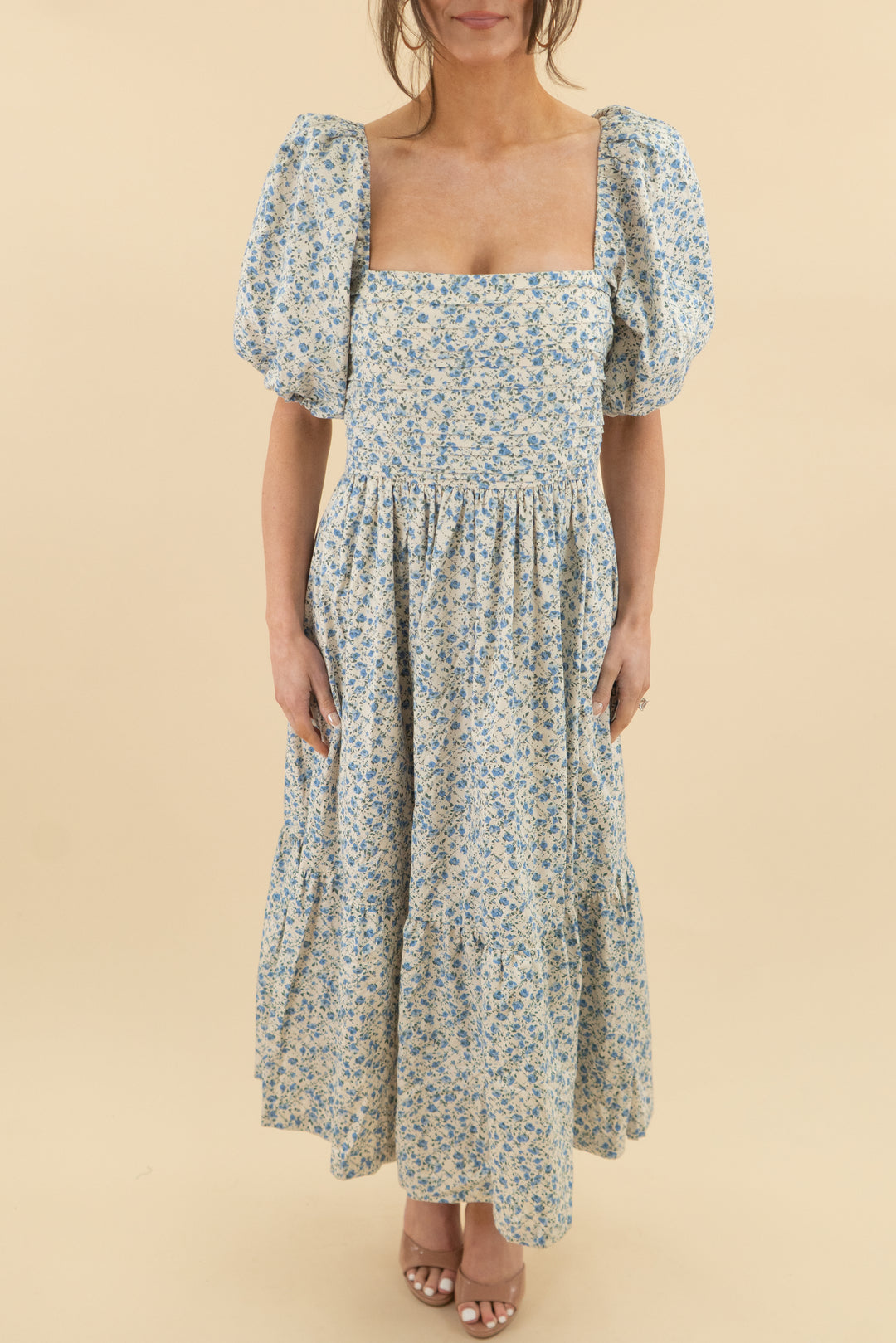 Abercrombie & Fitch Blue & Green & White Mini Floral Puff Sleeve Midi Dress (s; retail $130)