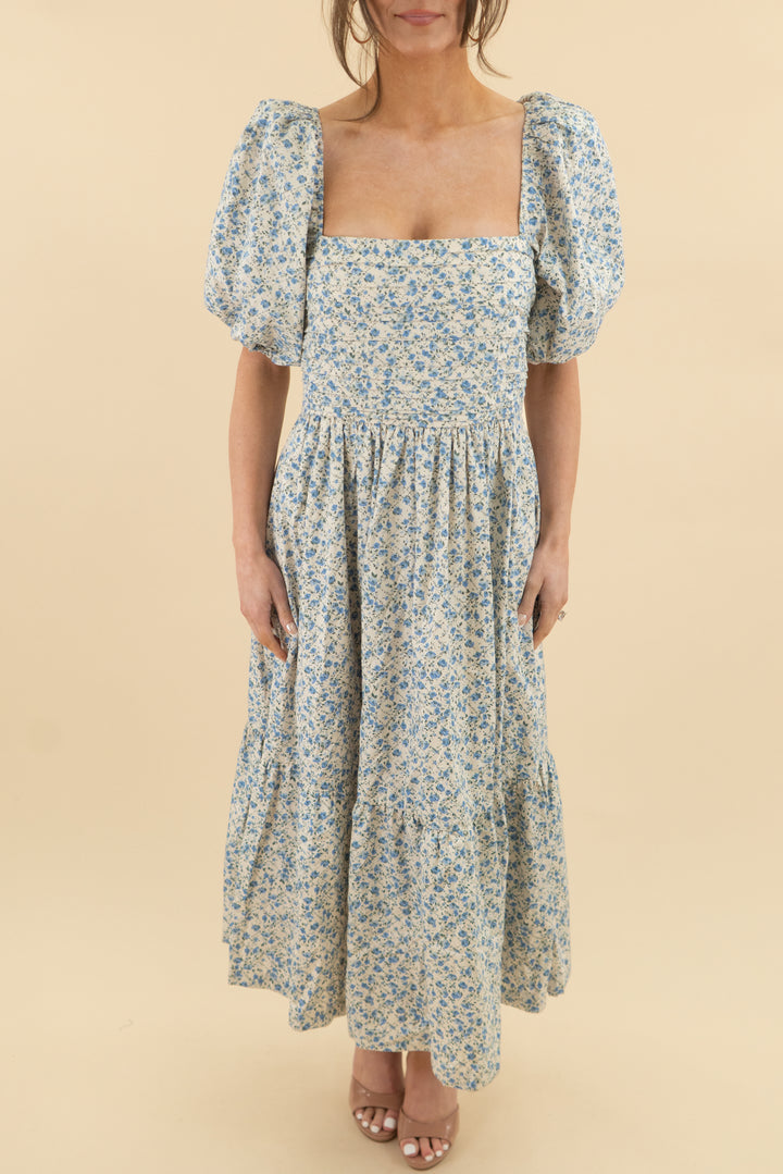 Abercrombie & Fitch Blue & Green & White Mini Floral Puff Sleeve Midi Dress (s; retail $130)