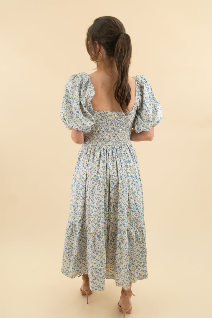 Abercrombie & Fitch Blue & Green & White Mini Floral Puff Sleeve Midi Dress (s; retail $130)