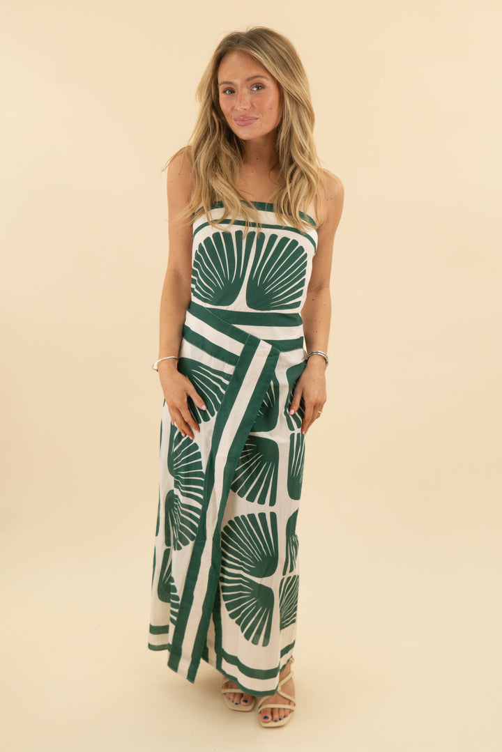 benaar green white patterned linen strapless midi dress nwt (xs; retail $195)