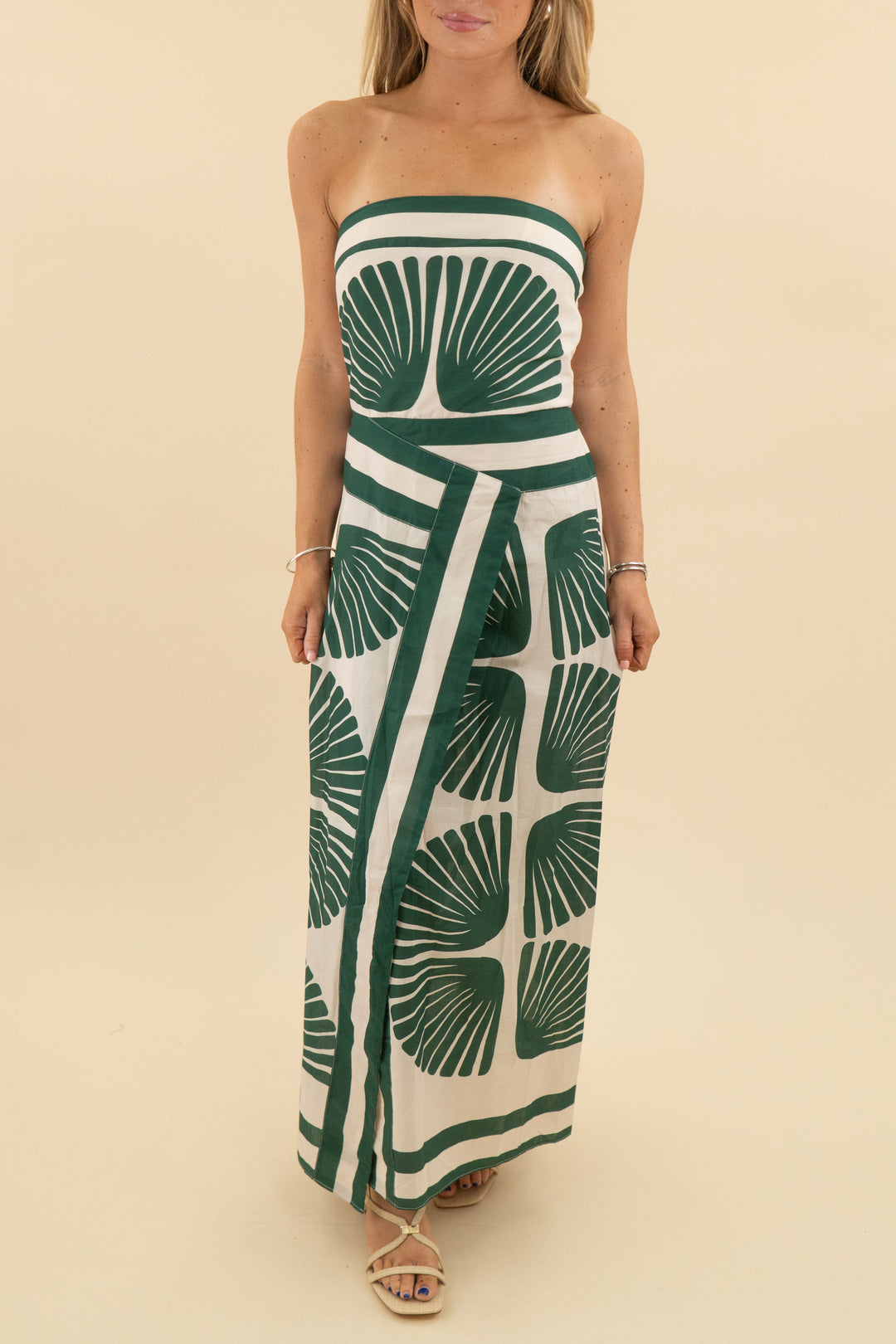 benaar green white patterned linen strapless midi dress nwt (xs; retail $195)
