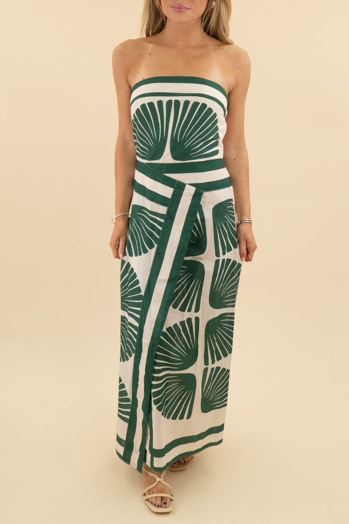 benaar green white patterned linen strapless midi dress nwt (xs; retail $195)