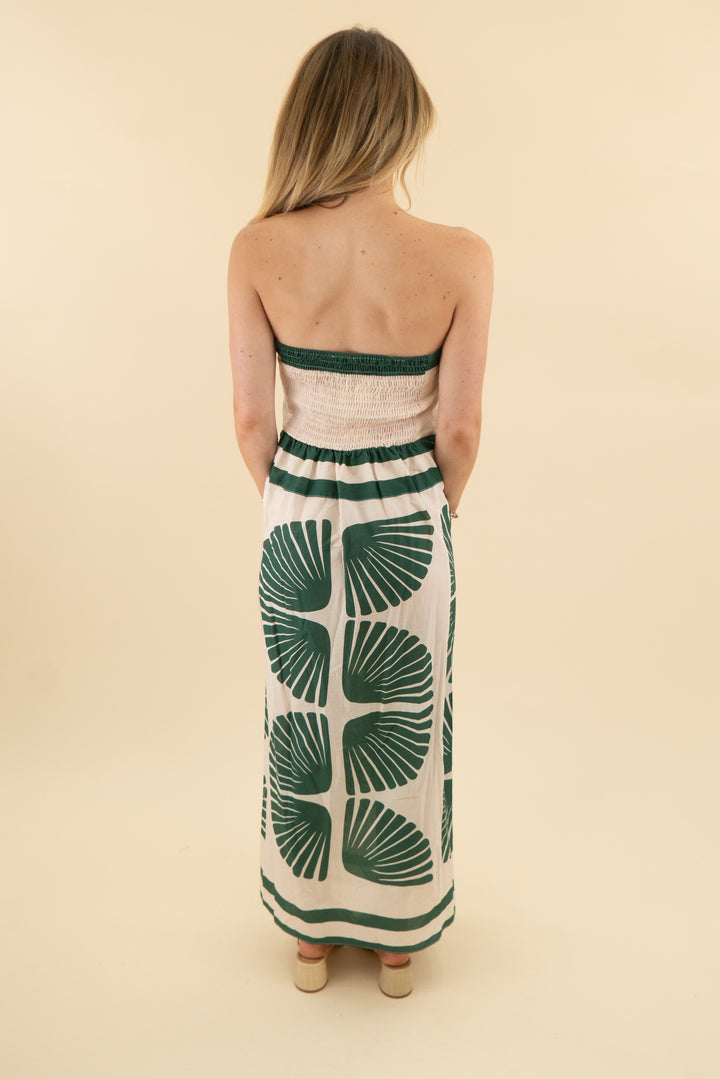 benaar green white patterned linen strapless midi dress nwt (xs; retail $195)