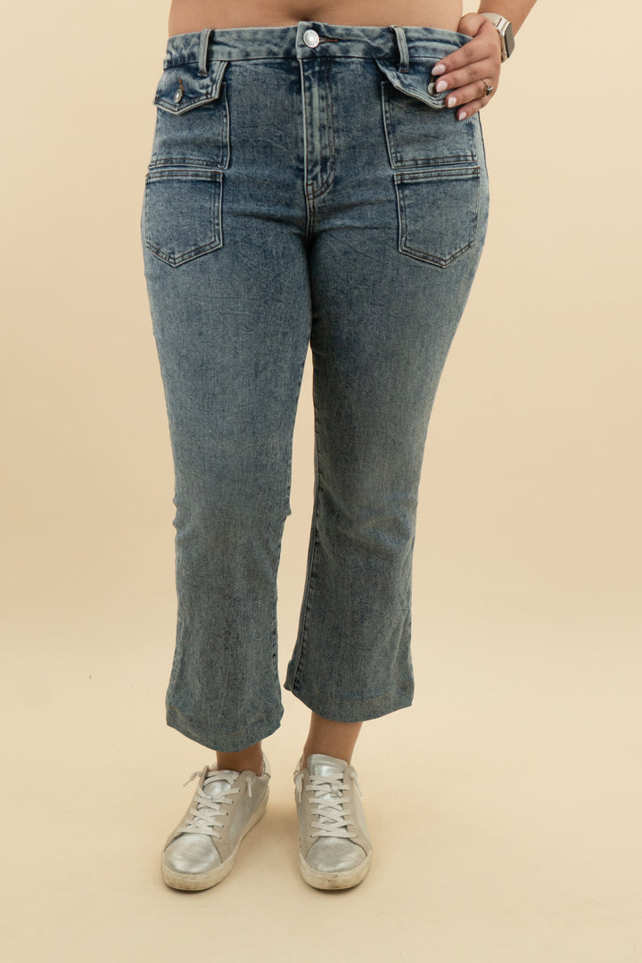 kut medium wash high rise flare (12: retail $109)