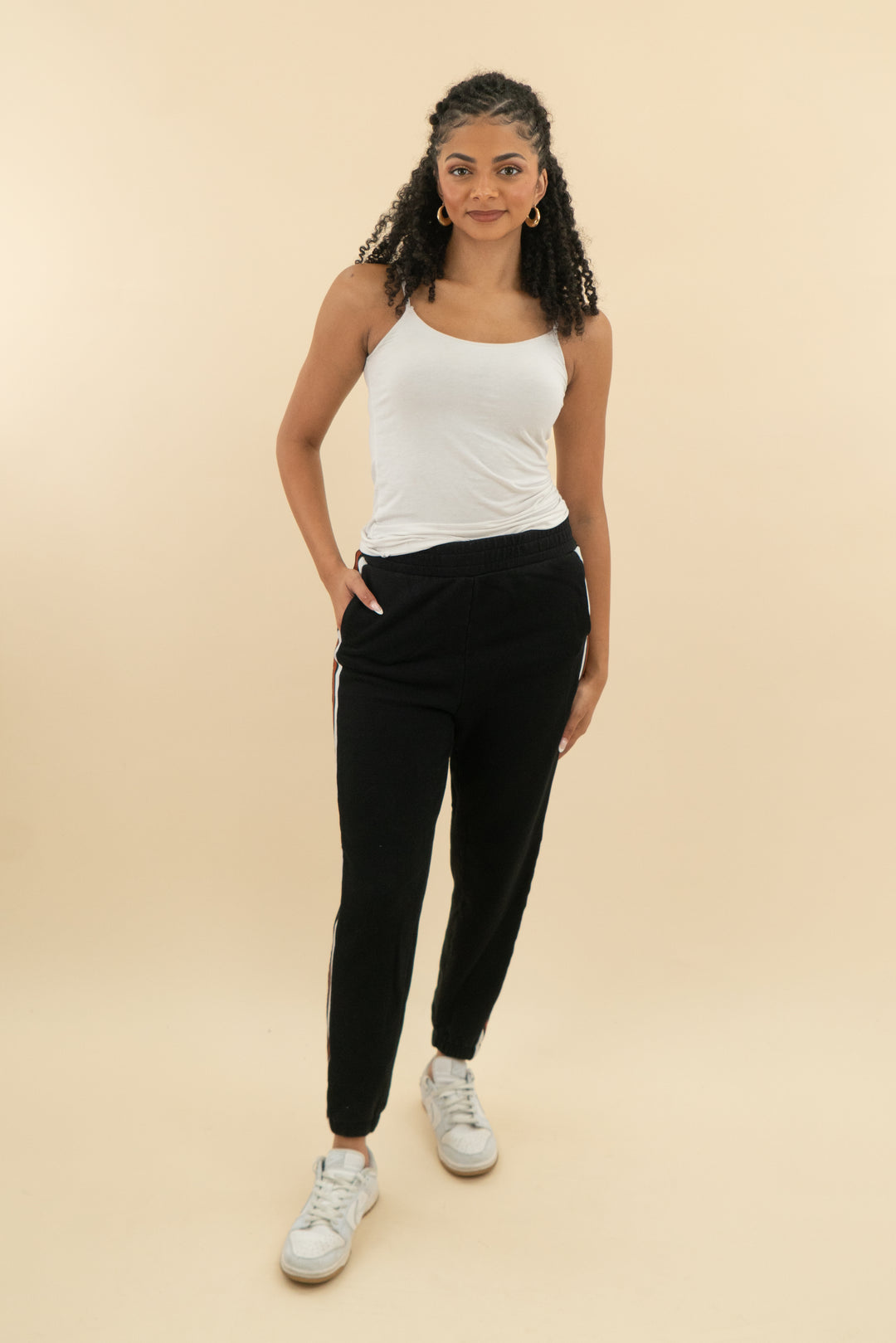 bobi los angeles black joggers with rust and white side stripe (m; retail $88)