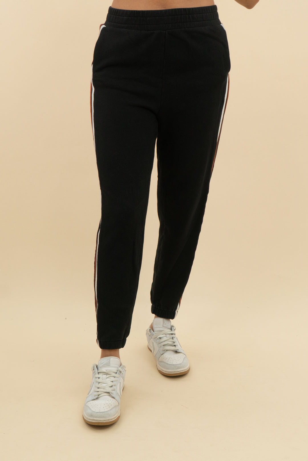 bobi los angeles black joggers with rust and white side stripe (m; retail $88)