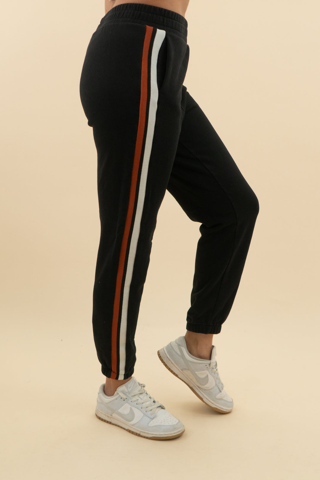 bobi los angeles black joggers with rust and white side stripe (m; retail $88)